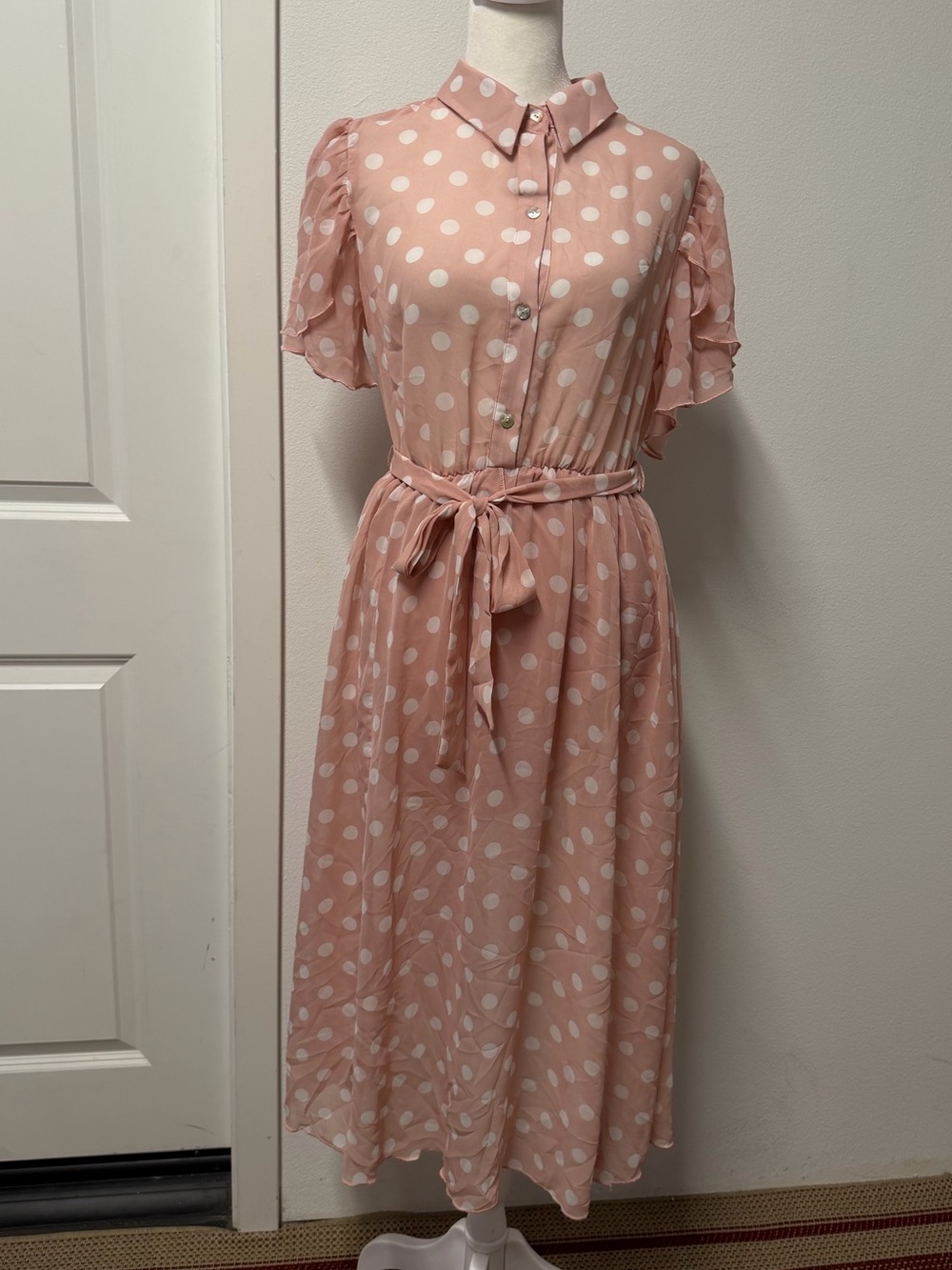 Stella & Julie Pink Polka Dot Midi Dress Women’s Size 4 Cottagecore Coquette - Picture 1 of 6